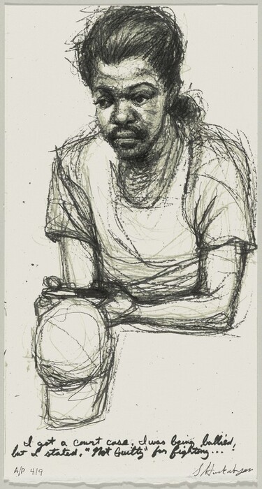The image shows a charcoal drawing of a person from the waist up. The individual is seated, leaning forward with one forearm resting on their knee, while the other arm is slightly bent at their side. Their facial features are detailed with pronounced eyebrows, a mustache, and deep-set eyes, and their hair is pulled back tightly. The person is wearing a short-sleeved shirt, without any distinct patterns or logos. The background is plain and unadorned, with subtle shading used to define the figure. At the bottom of the image, there is a handwritten note and a signature that reads, "I got a court case. I was being bullied, but I stated, 'Not Guilty' for fighting..." followed by the artist's signature, "S. Burksider."