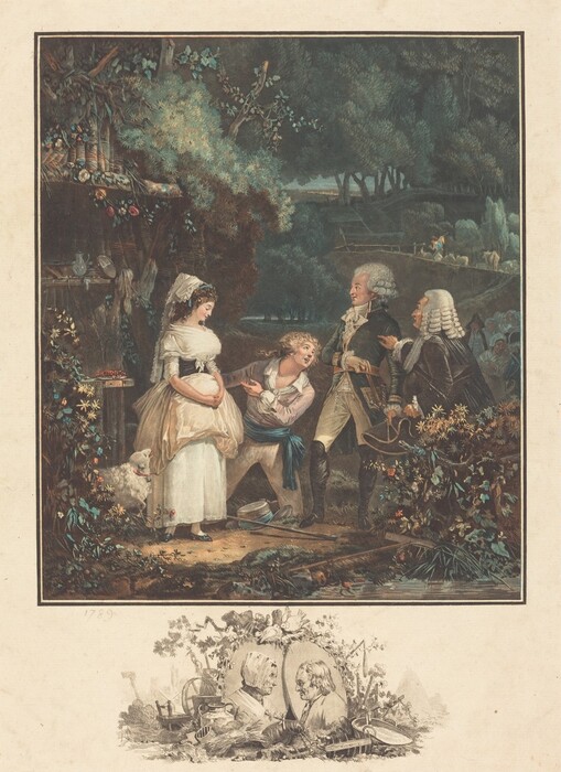 The image depicts four individuals outdoors in a pastoral setting.