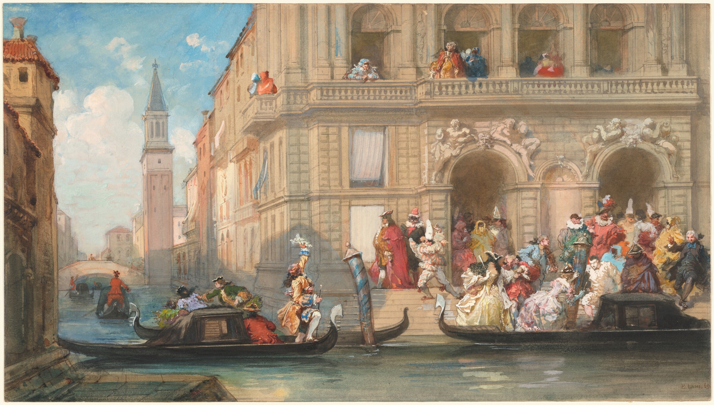 Masqueraders Boarding Gondolas before a Venetian Palazzo, Eugène Louis Lami, 1869