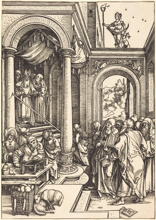 This is a drawing of a scene in an architectural setting with arches and columns. The drawing contains intricate line work and depicts an interior scene with multiple figures. The architecture includes classical elements such as rounded arches and decorative columns. In the foreground, there is a cluttered table with items on it, and what appears to be a basket of food on the floor nearby. In the open space, various individuals stand engaged in conversation or looking on towards the center, while one figure carrying a torch stands elevated at the back, overlooking the entire scene. The space is highly detailed, suggesting a significant gathering within a grand, classical architectural setting.