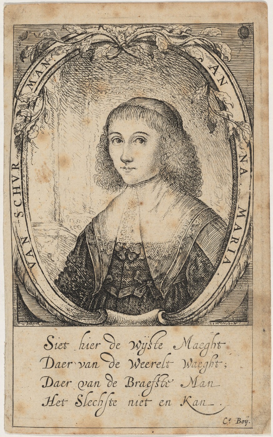 This is an illustrated portrait showing the upper half of a woman's body within an ornate oval frame. The woman is positioned facing slightly to the right, with her head turned to face forward. She has long curly hair that frames her face and delicate facial features, including wide eyes and a subtle smile. She is dressed in a dark, patterned gown with a lace collar and a decorative brooch at her chest. The background features intricate foliage and decorative elements, with text that reads "ANNA MARIA VAN SCHVR" encircling the frame. Beneath the portrait, there are several lines of script text, accompanied by the artist's signature, "C. Boÿ". The overall aesthetic of the image combines detailed line work and classical style.