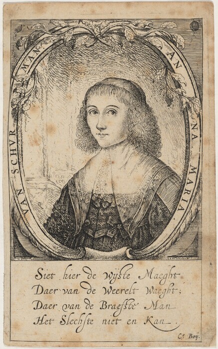 This is an illustrated portrait showing the upper half of a woman's body within an ornate oval frame. The woman is positioned facing slightly to the right, with her head turned to face forward. She has long curly hair that frames her face and delicate facial features, including wide eyes and a subtle smile. She is dressed in a dark, patterned gown with a lace collar and a decorative brooch at her chest. The background features intricate foliage and decorative elements, with text that reads "ANNA MARIA VAN SCHVR" encircling the frame. Beneath the portrait, there are several lines of script text, accompanied by the artist's signature, "C. Boÿ". The overall aesthetic of the image combines detailed line work and classical style.