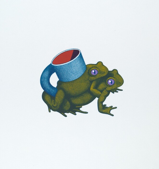 The image shows a blue circular cylinder merging with a green frog. The handle of the mug attaches to the frog's back, creating a visual connection. The frog has purple eyes and detailed limbs. The creature appears to be in motion, and the combination of the mug and frog creates a whimsical visual experience.