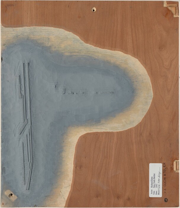 The image shows a large triangular shape made of textured gray material, surrounded by a wooden border with smooth, curvy lines. The gray area has layers of texture, while the wood creates a boundary around it.