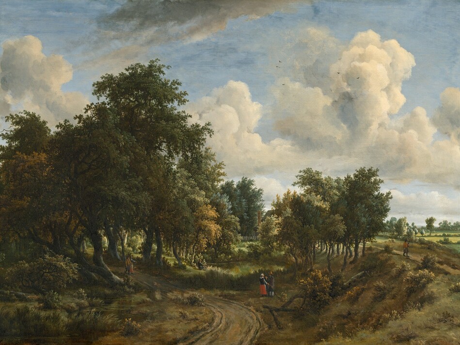 A rutted, dirt road curves from the bottom center of the canvas toward and behind a grove of tall trees to our left, beneath a pale blue sky with fluffy white clouds that fills the top two-thirds of this horizontal landscape painting. The broad, green canopies of the trees to our left create deep shade over twisting trunks, shrubs, and grasses. A narrow stream meandering alongside the road to our left reflects the moss, pine, and sage greens of the leaves. The land rises in a sloping bank to our right, and leads back to open fields with hedgerows that stretch to the horizon. Shorter, more spindly trees cluster along the bank in the distance. Tiny in scale, people are sprinkled throughout the landscape, either singly or in small groups. In the shade of the grove to our left, a man with dark pantaloons, a brown hat and coat, and a walking stick strolls along the road with a woman wearing a red skirt, a dark shirt, and a white apron and cap. Just off the curve of the road to our right, another man with a walking stick, tan hat, and dark gray pantaloons talks to a woman also wearing red, black, and white. Another person, slightly smaller in stature, stands between them. At a pond farther back from this trio, a man with a broad-brimmed hat sits fishing at the edge of the water. Barely visible, a house with a pitched roof, a tall, brick-red chimney, and a white picket fence peeks out from behind the trees beyond the pond. Finally, a man wearing a rust-orange coat, gray pantaloons with white stockings, and a tall hat, carrying a pole propped on his shoulder, walks toward us on a footpath running alongside the fields. Tall, cream-white clouds dot the pale blue sky above, and tiny dots of dark paint suggest flying birds. Soft sunlight pours across the countryside. The artist signed and dated the painting in small script in the lower right corner: “meijndert Hobbema F 1663.”