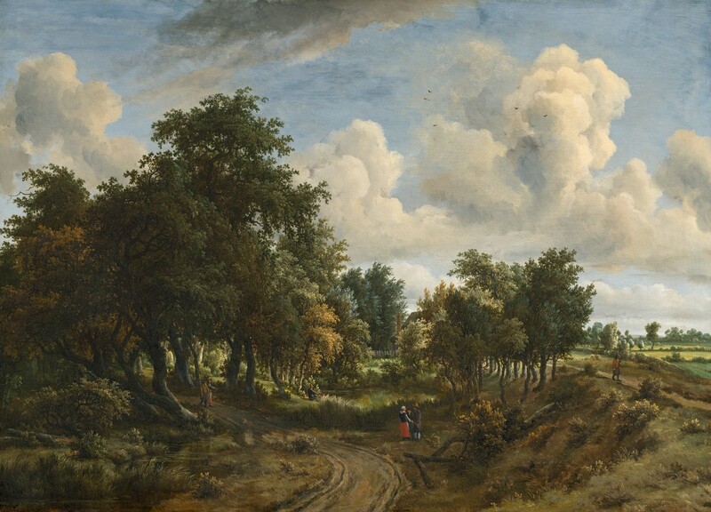 A rutted, dirt road curves from the bottom center of the canvas toward and behind a grove of tall trees to our left, beneath a pale blue sky with fluffy white clouds that fills the top two-thirds of this horizontal landscape painting. The broad, green canopies of the trees to our left create deep shade over twisting trunks, shrubs, and grasses. A narrow stream meandering alongside the road to our left reflects the moss, pine, and sage greens of the leaves. The land rises in a sloping bank to our right, and leads back to open fields with hedgerows that stretch to the horizon. Shorter, more spindly trees cluster along the bank in the distance. Tiny in scale, people are sprinkled throughout the landscape, either singly or in small groups. In the shade of the grove to our left, a man with dark pantaloons, a brown hat and coat, and a walking stick strolls along the road with a woman wearing a red skirt, a dark shirt, and a white apron and cap. Just off the curve of the road to our right, another man with a walking stick, tan hat, and dark gray pantaloons talks to a woman also wearing red, black, and white. Another person, slightly smaller in stature, stands between them. At a pond farther back from this trio, a man with a broad-brimmed hat sits fishing at the edge of the water. Barely visible, a house with a pitched roof, a tall, brick-red chimney, and a white picket fence peeks out from behind the trees beyond the pond. Finally, a man wearing a rust-orange coat, gray pantaloons with white stockings, and a tall hat, carrying a pole propped on his shoulder, walks toward us on a footpath running alongside the fields. Tall, cream-white clouds dot the pale blue sky above, and tiny dots of dark paint suggest flying birds. Soft sunlight pours across the countryside. The artist signed and dated the painting in small script in the lower right corner: “meijndert Hobbema F 1663.”