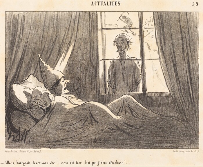 This is a drawing depicting a person in bed startled by a figure at the window. The scene shows someone lying in bed, covered with a blanket, looking alarmed as they gaze towards a window where a figure is peering in from outside. The interior setting is framed by heavy curtains, and the style is that of 19th-century caricature art. Details include a nightcap worn by the person in bed and the simple nightwear of the figure at the window.