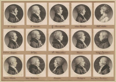 Fifteen portrait drawings are arranged in a grid, each showing the upper body of an individual in profile. The people are positioned facing either left or right within circular frames. Each portrait captures the side view of the person's face, highlighting their distinct facial features and hairstyles. The men have various hairstyles typical of an earlier era, some with short hair, some with curls, and others with powdered wigs. There is one woman portrayed in the top right with her hair styled in an updo. They all wear formal clothing; the men in high-collared coats and cravats, and the woman in a high-necked garment with a shawl. The background of each portrait is plain. The images are bordered by a brown matte, and each portrait has the individual's name handwritten beneath it.