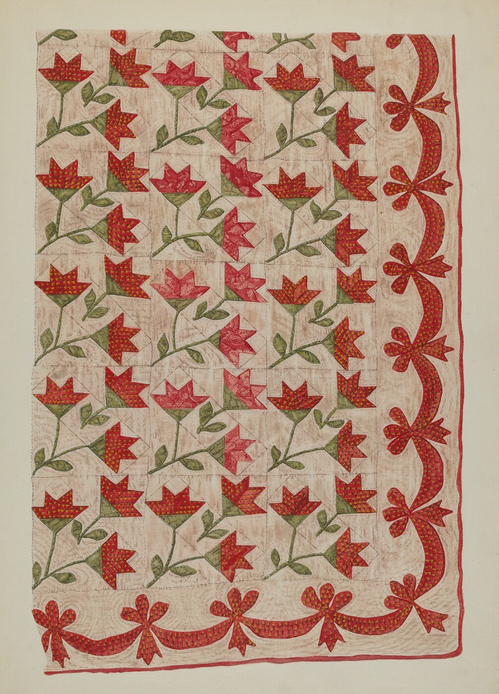 This is a painting of a floral quilt pattern. The artwork depicts an intricately designed quilt with red and green floral motifs arranged in a repeating pattern. The flowers are stylized with geometric petals, appearing in a consistent layout across the surface. Each flower features a red blossom with a green stem and leaves. The quilt also has a decorative border embellished with a red pattern that includes bow-like shapes. The background of the quilt appears textured.