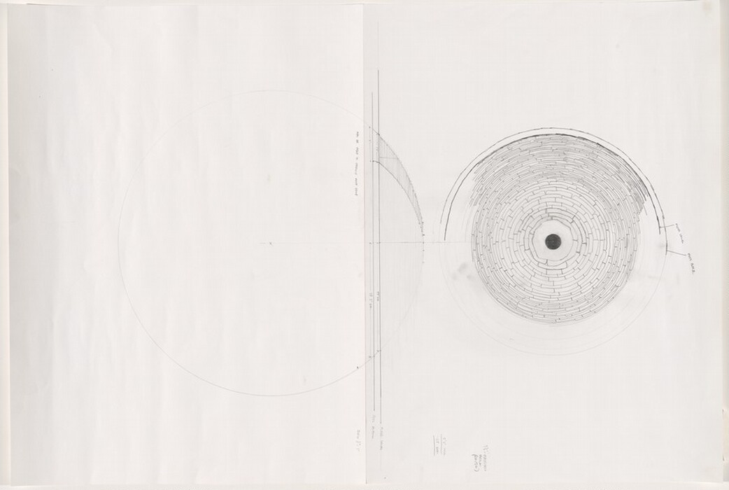 This is a technical drawing on a white sheet. The drawing features a detailed concentric circular design on the right half, composed of rings filled with rectangular structures radiating from a central circle. Notations and measurements accompany the drawing, indicating a complex architectural or engineering concept. The line work is precise, suggesting the use of drafting tools, with an organized and methodical structure. The left half of the drawing includes a faint outline of a large circle.