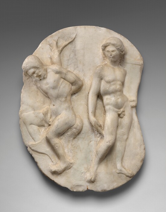 The nude bodies of two men are carved from white marble in high relief against a flat placquard with the curving contours of a bean. The bearded man to our left faces our left almost in profile as he sits on a rock or grassy knoll. His hands are tied behind his back and perhaps around a tree growing just behind him. His head bows forward. The other man is clean-shaven and stands to our right. He holds an object down by his side, and stands with most of his weight on his left leg, to our right, so that hip sways in that direction. His body is angled to our right, but he looks back over his shoulder at the other man. The right edge of the background curves inward, and the rest of the perimeter is rounded.