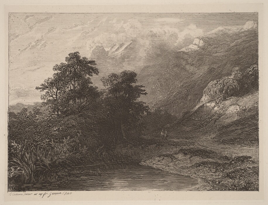 The image shows a landscape with a point of view looking slightly upward across a calm, natural scene. The background features mountainous forms with engravings of trees and rocky textures. The brushstrokes create detailed foliage and rugged mountain surfaces. The color palette is monochromatic, with shades of gray and black. Closest to the viewer, lush vegetation and tall grasses edge a serene body of water. Two small figures can be seen walking on a path, emphasizing the scale of the nature. The background has looming clouds, adding depth and atmosphere to the scene.
