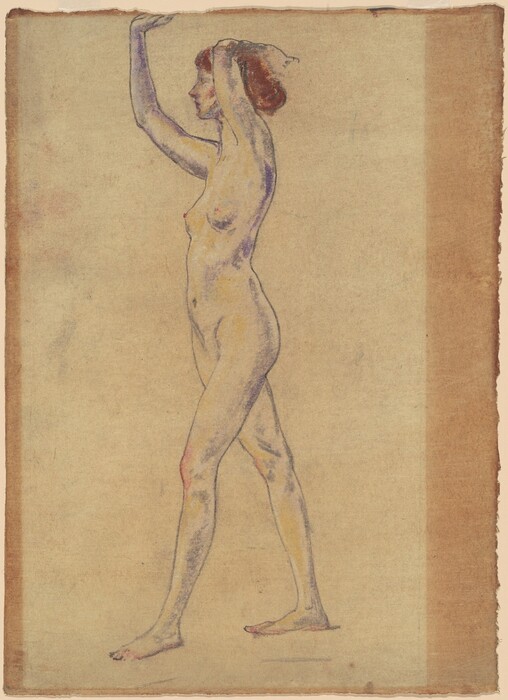 The image is a drawing of a nude female figure in a standing pose. The woman is depicted in profile, with her arms raised above her head. She has short, wavy reddish-brown hair and delicate facial features. The drawing emphasizes the contours of the human body using soft colors and shading. The background is a plain, textured surface.