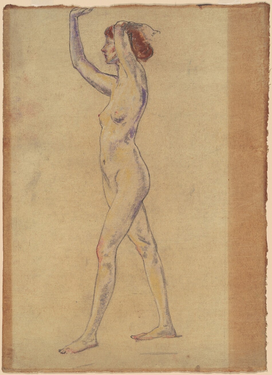 The image is a drawing of a nude female figure in a standing pose. The woman is depicted in profile, with her arms raised above her head. She has short, wavy reddish-brown hair and delicate facial features. The drawing emphasizes the contours of the human body using soft colors and shading. The background is a plain, textured surface.