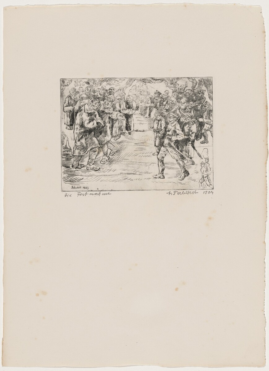This is a drawing of a group of people gathered in a festive or ceremonial setting. It shows detailed line work of individuals in traditional clothing in an outdoor area. The figures are closely packed, suggesting unity. The scene portrays movement and interaction, with two figures in the foreground. Trees in the background indicate an outdoor setting. Various figures show different expressions and postures, creating a dynamic scene. The drawing captures a group celebration or procession with intricate line work and shading.