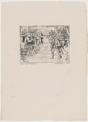 This is a drawing of a group of people gathered in a festive or ceremonial setting. It shows detailed line work of individuals in traditional clothing in an outdoor area. The figures are closely packed, suggesting unity. The scene portrays movement and interaction, with two figures in the foreground. Trees in the background indicate an outdoor setting. Various figures show different expressions and postures, creating a dynamic scene. The drawing captures a group celebration or procession with intricate line work and shading.