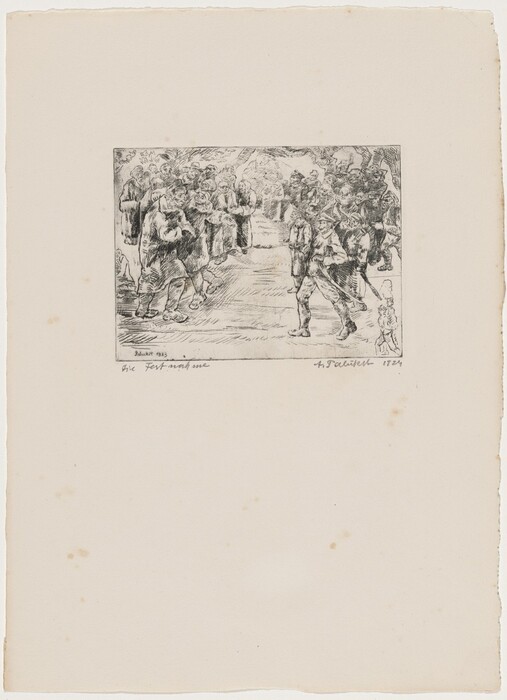 This is a drawing of a group of people gathered in a festive or ceremonial setting. It shows detailed line work of individuals in traditional clothing in an outdoor area. The figures are closely packed, suggesting unity. The scene portrays movement and interaction, with two figures in the foreground. Trees in the background indicate an outdoor setting. Various figures show different expressions and postures, creating a dynamic scene. The drawing captures a group celebration or procession with intricate line work and shading.