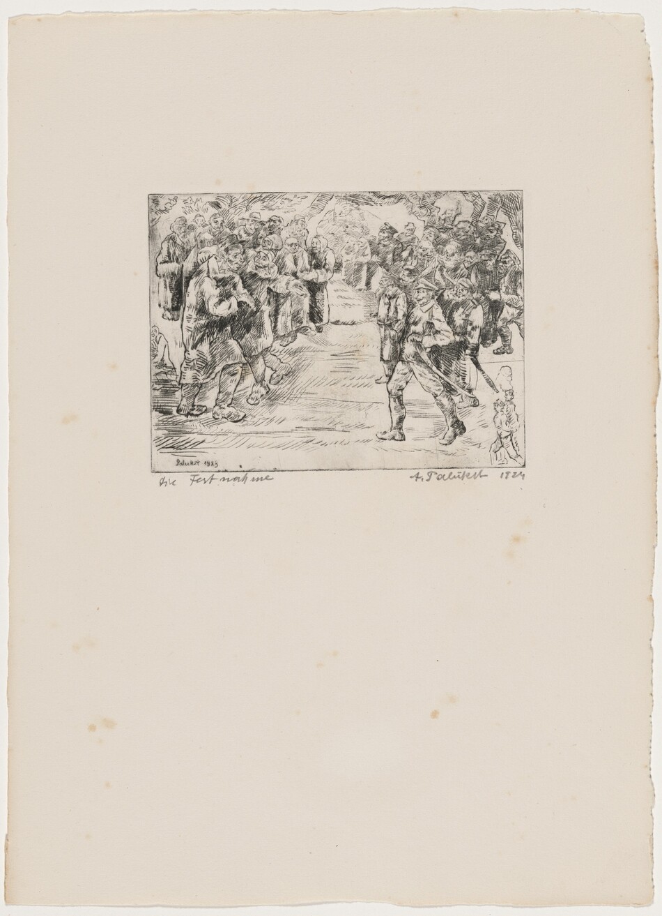 This is a drawing of a group of people gathered in a festive or ceremonial setting. It shows detailed line work of individuals in traditional clothing in an outdoor area. The figures are closely packed, suggesting unity. The scene portrays movement and interaction, with two figures in the foreground. Trees in the background indicate an outdoor setting. Various figures show different expressions and postures, creating a dynamic scene. The drawing captures a group celebration or procession with intricate line work and shading.