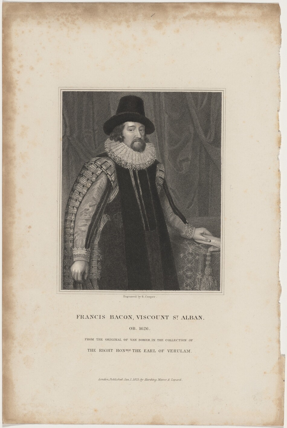 The image is an engraved portrait showing the upper half of a man identified as Francis Bacon, Viscount St Alban. He is standing with his body turned slightly, looking towards the viewer. He has a well-groomed face with a short beard and mustache, wearing a dark, wide-brimmed hat above his wavy hair. He is dressed in an intricately decorated overcoat with embroidered patterns, a lace ruff collar, and is holding a letter in his left hand. The background features draped curtains, and the paper shows signs of aging and discoloration.