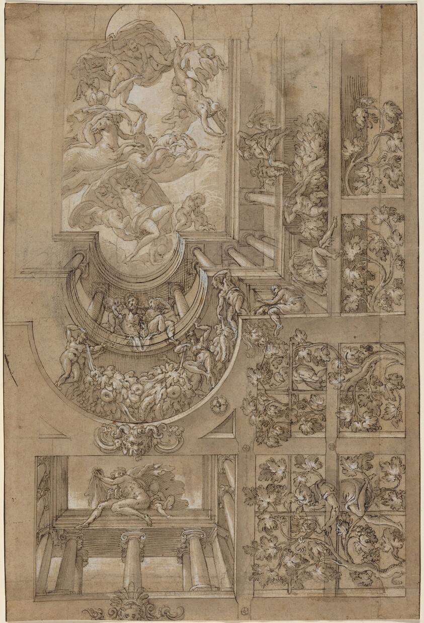 Illusionistic Ceiling with a Grape Arbor, Figures Poised on Galleries, and a Central Scene of Olympian Gods