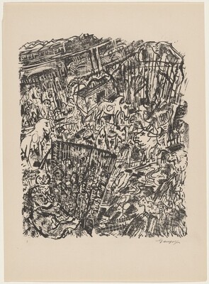 The image contains a variety of jagged and swirling lines, creating an abstract composition. Amongst these lines, there are patterns that resemble shapes such as animals and structures. The overlapping figures and lines create a sense of complexity within the image, challenging viewers to identify recognizable forms.