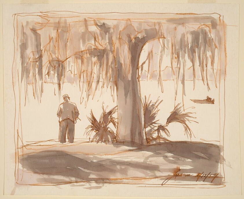 Fisherman, Tree, and Outboard