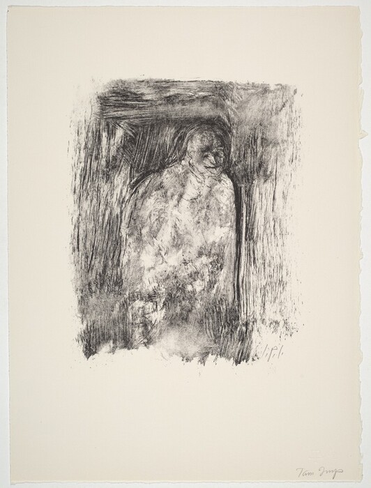 The image is a monochromatic etching depicting a person from the waist up. The person faces slightly to the right, with abstract details obscuring their pose. The face is shadowed and features are minimal. The hair is short and roughly textured. Clothing details are hidden by dense lines and textures. No visible jewelry or objects are present. The background is textured and chaotic, enveloping the figure with dark, dense hatching framing the top and sides.