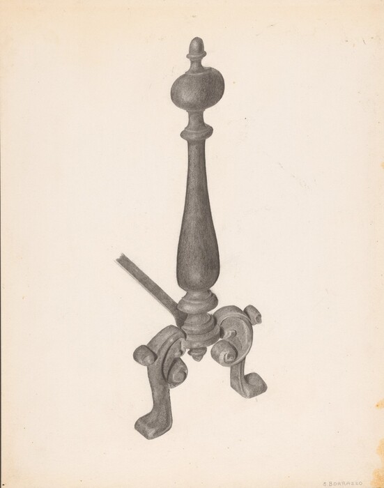 The image shows a large, intricately designed stand or post with a bulbous top that tapers down to a rounded base supported by ornate legs. The color palette is grayscale. The object stands upright in the center of the composition, slightly leaning towards the left, with the decorative legs extending outward at the base.