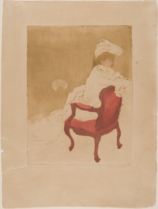 The image depicts the upper half of a person sitting on a red upholstered chair with a dark wood frame. The person is reclined slightly to the left side, with their arms resting on the backrest of the chair. They have auburn hair partially visible under a large-brimmed white hat with a feather. The person's face is in profile with distinct features and a subtle expression. They wear a layered garment with ruffled textures, potentially a light-colored dress, and a light yellow fabric around the neck area. No jewelry or objects are visible in their hands. The background is a soft, textured brown wash.