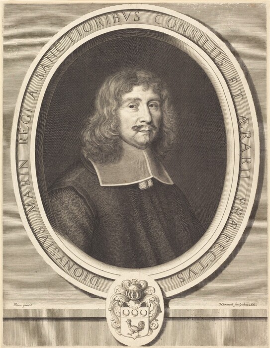 The image is a portrait of a man shown from the chest up. He is positioned facing forward but slightly turned to his left. The man has a solemn expression with distinct facial features including a mustache and a goatee. His hair is long and curly, reaching down to his collar. He is dressed in a traditional dark robe with a prominent white square collar characteristic of the period fashion. The background features an ornate oval frame with Latin inscriptions encircling the portrait and an intricate coat of arms at the bottom. The background beyond the frame consists of fine vertical lines, enhancing the formal and classical appearance of the engraving.
