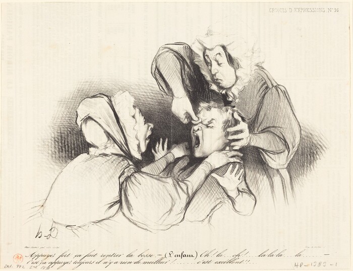 The image shows three characters, focusing on their upper bodies. The central figure is a child who is sitting. The child displays an exaggerated facial expression with wide-open mouth and squinted eyes. Their hair is short and appears tousled. On either side of the child are two adult women, dressed in 19th-century style clothing, including caps and bonnets with full, gathered sleeves. These women lean in closely to the child; one appears to be assisting with the child's discomfort by pinching the child's nose, while the other supports the child’s head and neck. The graphite lines of the illustration create a dramatic, shadowy background that focuses attention on the characters’ expressions. The background is relatively sparse.