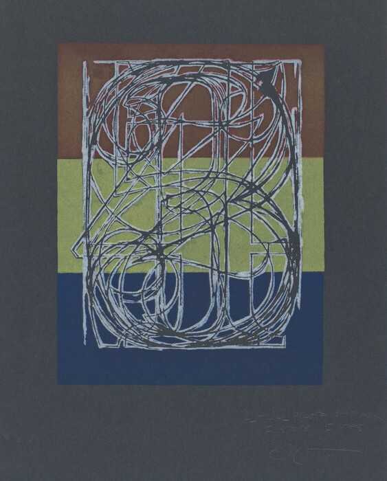 The image depicts white lines and curves overlapping to form interconnected loops and shapes against a background with horizontal bands of red, lime green, and dark blue.