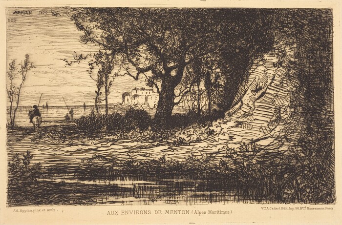 The image displays a landscape scene with an elevated viewpoint. The sea meets the sky on the horizon, with boats present. The artwork features detailed and linear brushstrokes outlining the landscape, trees, and vegetation. A tree shades a pathway where a figure on horseback and another person are seen near the water. Buildings are visible in the distance. The color scheme is monochrome, focusing on light and dark contrast.