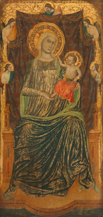 A woman holding a baby sits on a throne in front of a cloth held up by five winged angels in this vertical painting. The woman, baby, and angels all have pale skin tinged with gray, long, straight noses, narrow mouths, almond-shaped eyes, and gold halos. The woman sits with her knees and shoulders squared to us. She looks at us with light brown eyes, and her head tips slightly to the right, toward the baby. A white veil drapes over her head and shoulders, and she wears a slate-blue dress under a teal-green robe, which is lined with pale, spring green. Gold lines densely spaced across the dress and robe suggest folds and wrinkles. She supports the baby’s bottom with her left hand, to our right. He sits upright with his knees and body angled to our left. He reaches up with his right hand, to our left, to touch the woman’s veil, and the other hand rests on an oversized cricket in his lap. He wears a transparent white garment edged with gold and a marigold yellow and coral orange cloth wrapped across his lap over bare feet. His features are small in a round face. He has brown hair, and his hairline is high. The cloth behind the pair is patterned with gray, brick red, and gold. Two angels hold up each long side and one holds up the top. The angels all look in or down. They have brown hair, and wings and robes in shades of golden yellow, pale peach, and celestial blue. The throne has a blocky seat, and the base projects in a semicircle against the navy-blue floor. There are lion finials at the front of each arm. The background is gilded with a leafy pattern in gleaming gold. The upper corners and some areas along the edges are damaged.