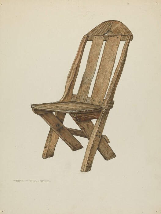 The image shows a wooden chair against a light-colored background. The chair has a slatted back, crossed legs, wood grain texture with earthy brown tones. It is slightly tilted to the left, displaying its side and back panels in a three-quarter view. A text label at the bottom left reads "ROSE CONWAYDELTA BUILT."