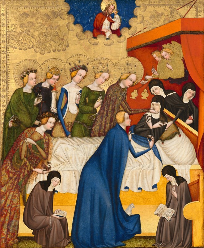A dozen people surround a woman reclining in a bed in front of a gleaming gold background in this vertical painting. All the people have pale skin. Red curtains drape from a shallow awning hanging over the head of the bed to our right, and the foot of the bed almost reaches the left side of the panel. The woman on the bed, Saint Clare, lies back against pillows with her hands crossed over her chest and her eyes closed. A white cloth covers her body from the waist down. She and two women attending to her from behind the head of the bed wear nun’s habits with black robes and head coverings over high-necked white collars. A row of five women line up along the far side of the bed, looking at Saint Clare. They all have blond hair, pointed noses and rounded cheeks, and they all have crowns surrounded by halos, which have been punched into the gold leaf background. Their dresses are in shades of vivid blue, forest green, white, or burgundy red and gold. Each holds a different object, including one with what looks like the model of a castle tower and another a small basket of flowers. The woman closest to Saint Clare holds the nun’s face in her hands. On our side of the bed, two more blond women kneel and lean onto the bed. One near the foot of the bed wears a maroon-red and gold brocade robe and holds a tiny dragon. The other kneels near Saint Clare, wearing royal-blue robes, and is accompanied by a minuscule sheep. Two smaller, seated women flank the woman in blue on our side of the bed. They are about half the size of the other people, and they wear nun’s habits but with gray robes rather than black. Both look at open books in their laps. Two blond, winged angels hover within the awning over Saint Clare’s head swinging incense burners. A bearded, haloed man in a blue field at the top center of the panel and holds a tiny, crowned person, and looks down at Saint Clare. The gold background is punched and incised with a decorative band at the inner edge of the panel, and also to create regiments of musicians and winged angels along the top quarter of the composition.