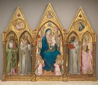 Madonna and Child with Saints Andrew, Benedict, Bernard, and Catherine of Alexandria with Angels [entire triptych], Agnolo Gaddi, shortly before 1387