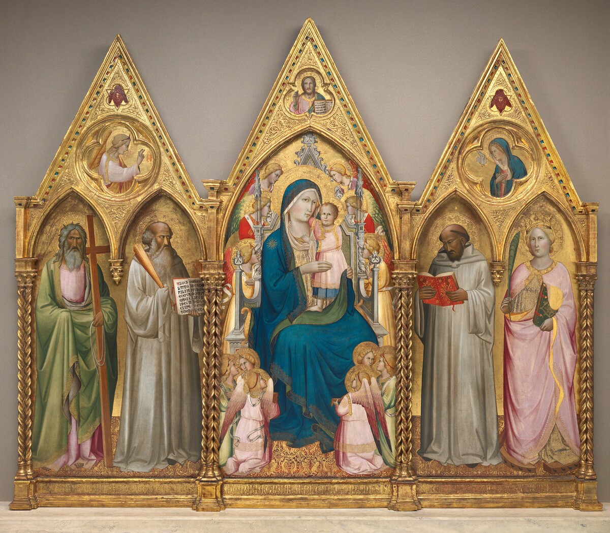 Madonna and Child with Saints Andrew, Benedict, Bernard, and Catherine of Alexandria with Angels [entire triptych]