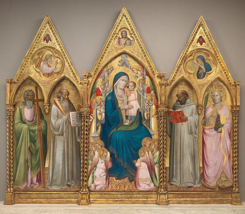 Madonna and Child with Saints Andrew, Benedict, Bernard, and Catherine of Alexandria with Angels [entire triptych]