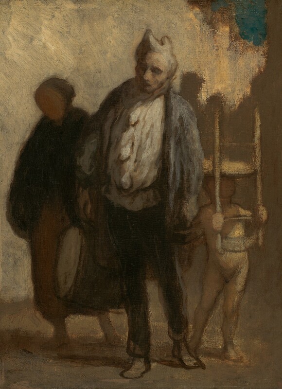 An older man, a woman, and a child who holds a chair upside-down on his head stand near each other in this vertical painting, which is made with dabs and strokes of muted grays, cream white, and golden tan. The scene is lit from our right, creating deep shadows. At the center of the composition, the man has light gray skin and he stands with his body angled slightly to our left, as he looks in that direction. His eyes are shaded and he has a round nose over a mouth mostly covered in shadow. His hat has two peaks like rounded horns and a smoke-gray scarf wraps around his neck. He wears a loose, cream-white shirt under a slate-blue jacket, and dark pants. His feet are loosely painted so it is difficult to tell if he is barefoot or if his shoes are sketchily painted. A rolled-up mat held under one arm and a small wooden box held with the other hand are loosely painted and nearly lost in shadow. To our right, just behind the man, the child wears a parchment-white, full body leotard with long sleeves and pants. His pale peach-colored hands grip the ladder back of the chair, which rests upside down on his head and casts his face into shadow. To our left, the woman is mostly in shadow. A peach-colored oval suggests her face and she wears a dark garment, perhaps a shawl, over a coffee-brown, ankle-length skirt. Her weight rests on her right foot, to our left, and she holds a large drum by her other side. The background is painted indistinctly with an area of bone white in the upper left corner, which stretches nearly across the composition along the top. Most of the rest is darker sand brown with a small patch of turquoise-blue paint near the upper right corner.