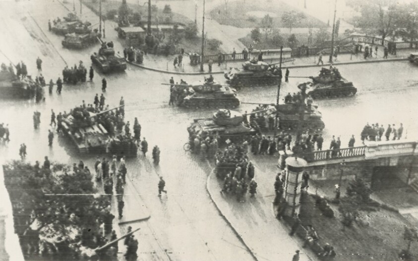 Title from caption on object: “Last Photo Out of Hungary Shows Soviet Tanks Moving In”