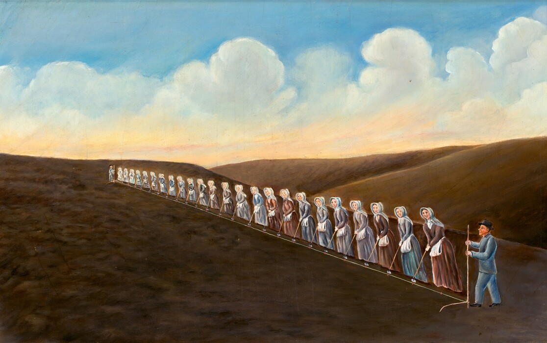 The image shows a landscape with a horizon marked by rolling hills, a sky with fluffy clouds transitioning from blue to a warm golden hue, and a line of people extending diagonally from the lower right corner to the distant center left. The figures in the line are depicted in period attire with muted tones of gray, brown, and blue, matching the restrained color palette of the landscape and sky.