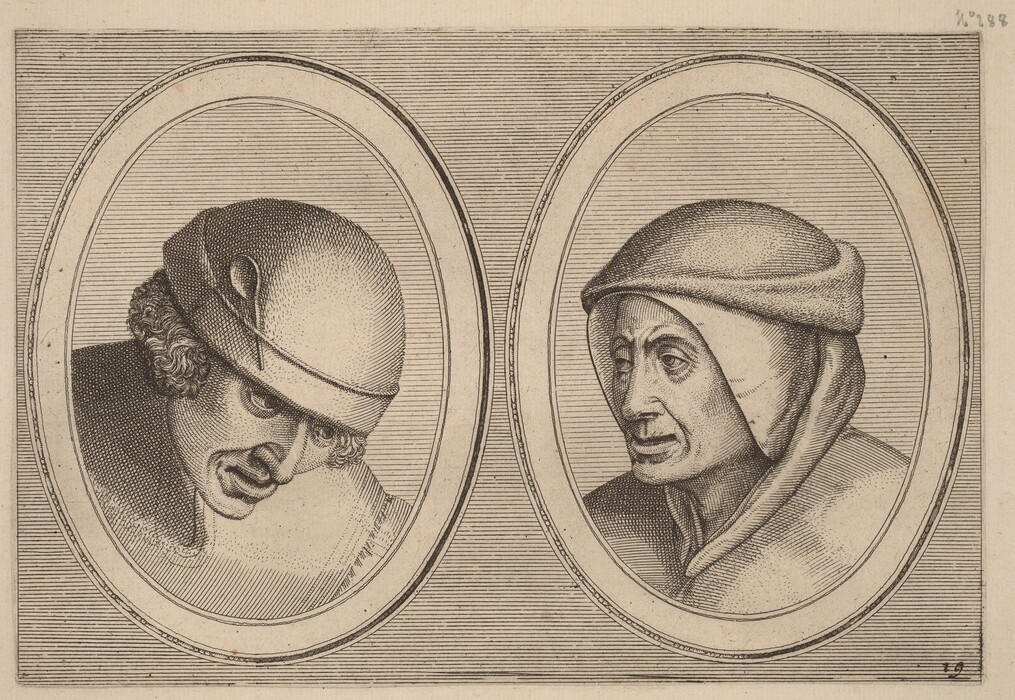 The image shows a detailed engraving with two men depicted in oval frames. The man on the left tilts his head downward with a sideways glance, while the man on the right faces slightly towards the left. The man on the left has curly hair and prominent facial features, including a long nose and furrowed brow. The man on the right wears a hood-like garment and has less visible hair, with facial features that include a prominent nose and deep-set eyes, suggesting older age. Both portraits are enclosed within oval frames against a background of horizontal lines for texture.