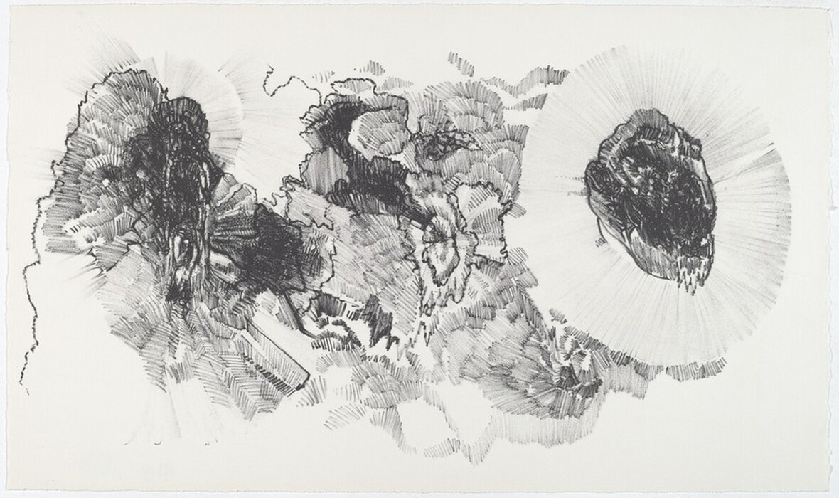 The image shows a collection of intricate and chaotic black lines and shapes flowing across the canvas to create an abstract composition. Lines cluster in the central area and project outward like sunbursts, while on the right side, a dense mass of lines resembles a craggy rock or floating island amidst a lighter, textured background. The elements in the image may suggest various natural formations like mountains, islands, or celestial bodies, prompting viewers to explore and discover.