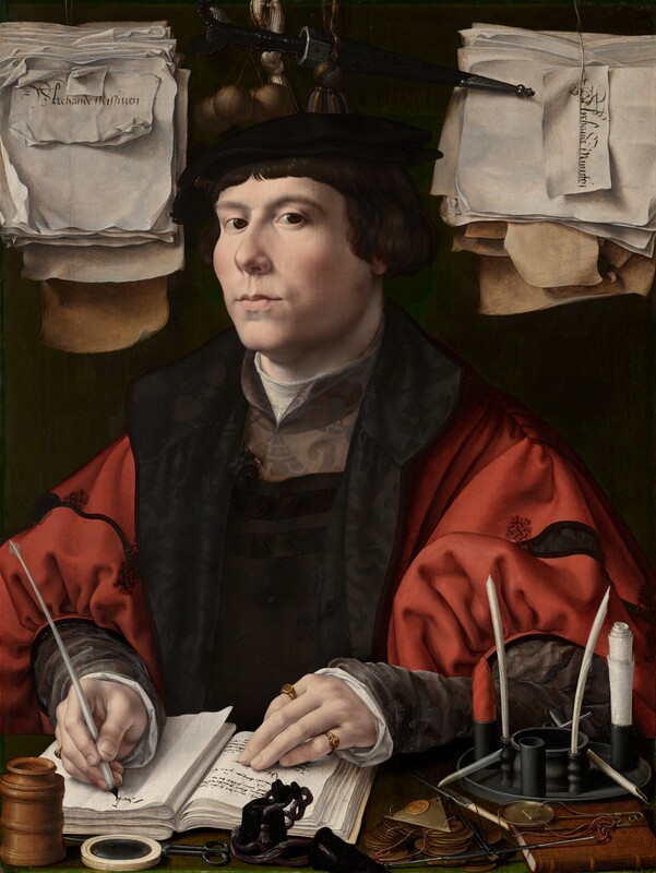 Shown from about the waist up behind a forest-green desktop, a man with smooth, pale pink skin writes in an open book with a quill pen as he looks at us, surrounded closely by papers, pens and ink, and other objects in this vertical portrait painting. His body is angled a little to our left but he tips his head slightly back and looks at us from the corners of his dark brown eyes under arched brows. He has a short, round nose, high cheekbones, and his pale pink lips are slightly pursed. His short, chestnut-brown hair curls over his ears, and bangs sweep across his forehead. His black beret is adorned over his right eyebrow, on our left, with a metallic badge with an intertwined "I A S." He wears a crimson-red jacket with puffy red sleeves decorated with black bands. Black lapels open onto a dark garment that has a pewter-gray panel over the upper chest and gray sleeves. The white garment beneath peeks out along the neckline and cuffs at his wrists. His left hand, on our right, rests with fingers extended on a page with writing in the open book, and he wears a gold ring incised with “IS” on his forefinger and a gold band with a ruby-red gem on his pinkie. He writes the beginning of a word with his other hand. In front of him, on the ledge, is a talc shaker pierced with tiny holes in the top, a magnifying glass, a black inkpot, and a small pair of scissors. Near one elbow, to our right, is a pile of coins, a pair of scales with weights, a small leather-bound book, and a receptacle for rolled-up paper and quills. A thick sheaf of curling, crinkled papers hangs to either side of his head. The stack to the left is marked “Alrehande Misseven” and the stack to our right is labeled “Alrehande Minuten.” A black dagger, a tassel, and a set of at least four orbs about the size of ping pong balls hangs between the sheafs, against the dark background.