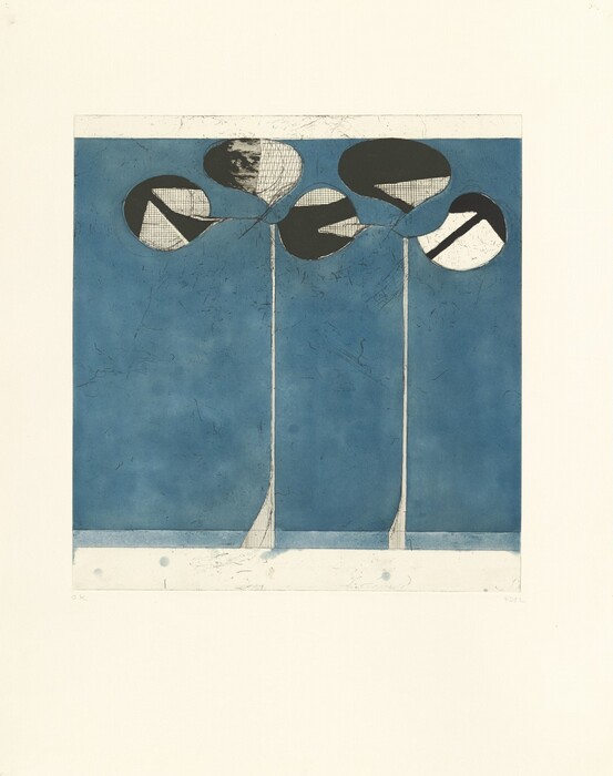The image includes three elongated vertical lines with oval shapes at their ends, set against a textured blue background. The ovals contain intricate patterns and contrasting shades of black and white, with some areas showing a grid-like design or other textures.