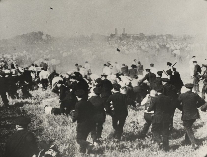Title from caption on object: “Scene from Newsreel of Fatal May Day Steel Strike Riot”