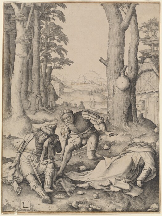 This is a drawing of a forest scene with figures in medieval attire. The artwork shows two figures reclined on the ground near a forest clearing with a wooden structure in the background. A third figure is engaged in a dialogue with the others. The dense forest has tall trees, and the background shows open landscape with distant hills and a faint indication of a structure on a hilltop. Various details like weapons, clothing, and a jug are visible among the trees and figures, creating a dynamic scene. The grayscale rendering suggests precise line work, giving it a historic and narrative quality.