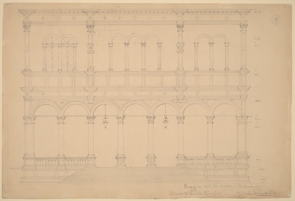 This is a faint drawing of an architectural facade.  The facade has two levels. The lower level features large arched openings supported by pillars. Stairs lead to the center, and to the left and right are balustraded platforms. Each arch is detailed with geometric borders and decorative details at the capital of each column. The upper story has narrower arched windows with decorative pilasters. Along the right side are annotated measurements, and there are some lines of text near the bottom right corner. The drawing is done in light gray on beige paper.