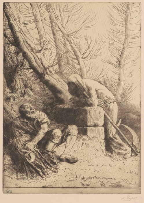 This is a drawing of two figures in a woodland setting. One figure is sitting on the ground holding a bundle of sticks and a sickle, while the other is leaning against a tree with a scythe nearby. The forest environment is detailed with trees and foliage, depicted using intricate linework to show texture and depth. The drawing evokes a dramatic and intense mood through shading and line intensity. The level of detail in the drawing suggests technical skill and attention to realism.